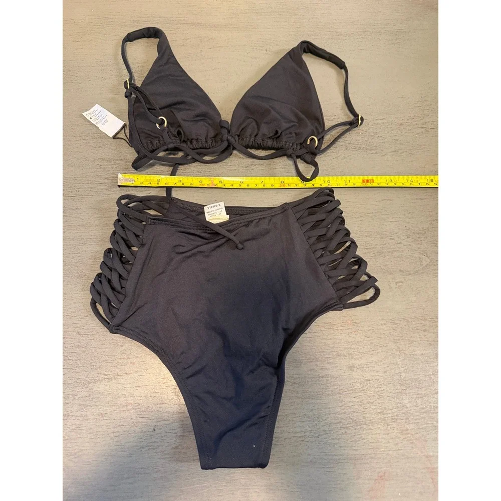 L Space Black High Waisted Lattice Bikini Set XS Triangle Top Strappy Bottoms